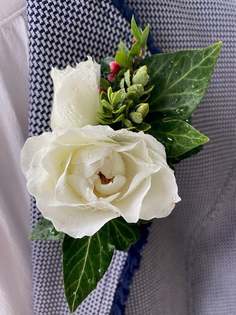 2 individual Buttonholes made with a single flower and interesting foliage with ribbon around the stems