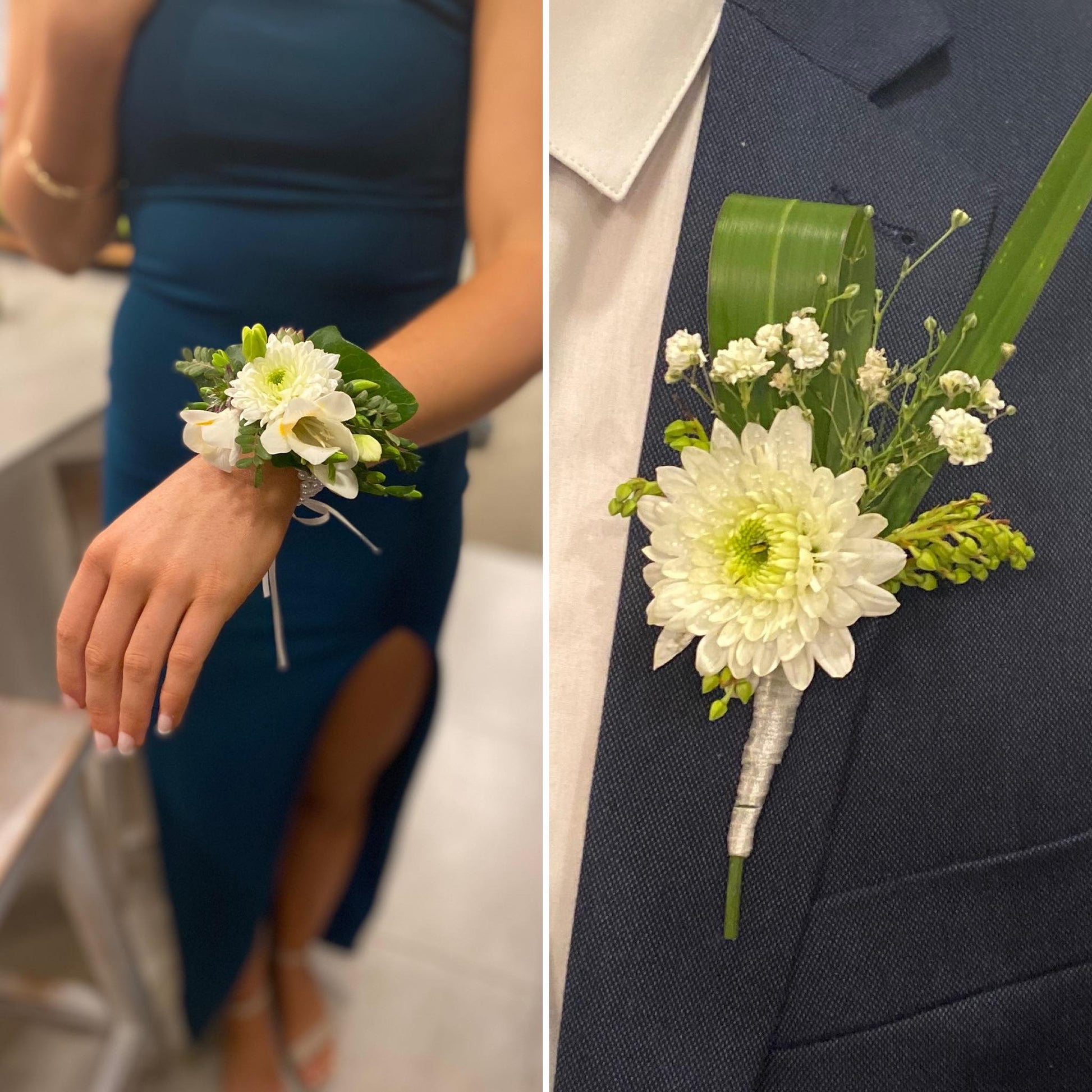 A gorgeous wrist corsage made with white flowers and interesting green foliage to complement any outfit. With a matching buttonhole to complete the look.