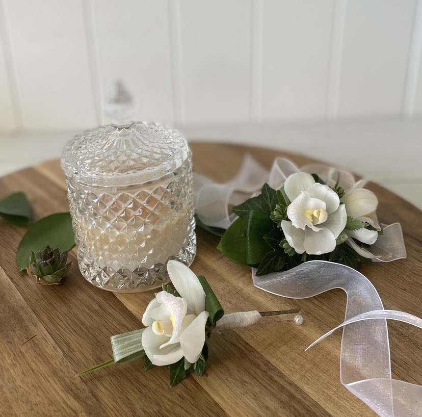 Wrist Corsage & Buttonhole with a beautiful locally hand poured Fragrant Candle
